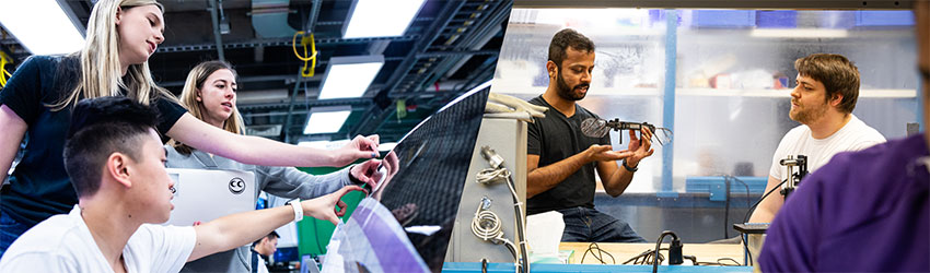 A photo collage. On the left: Three students touching the surface of an EccoCar. On the right: two researchers in a lab