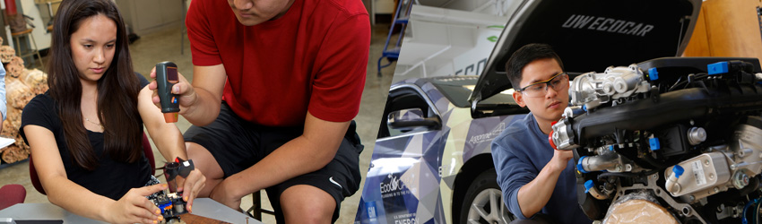 ME students working on a cook stove and an electric car