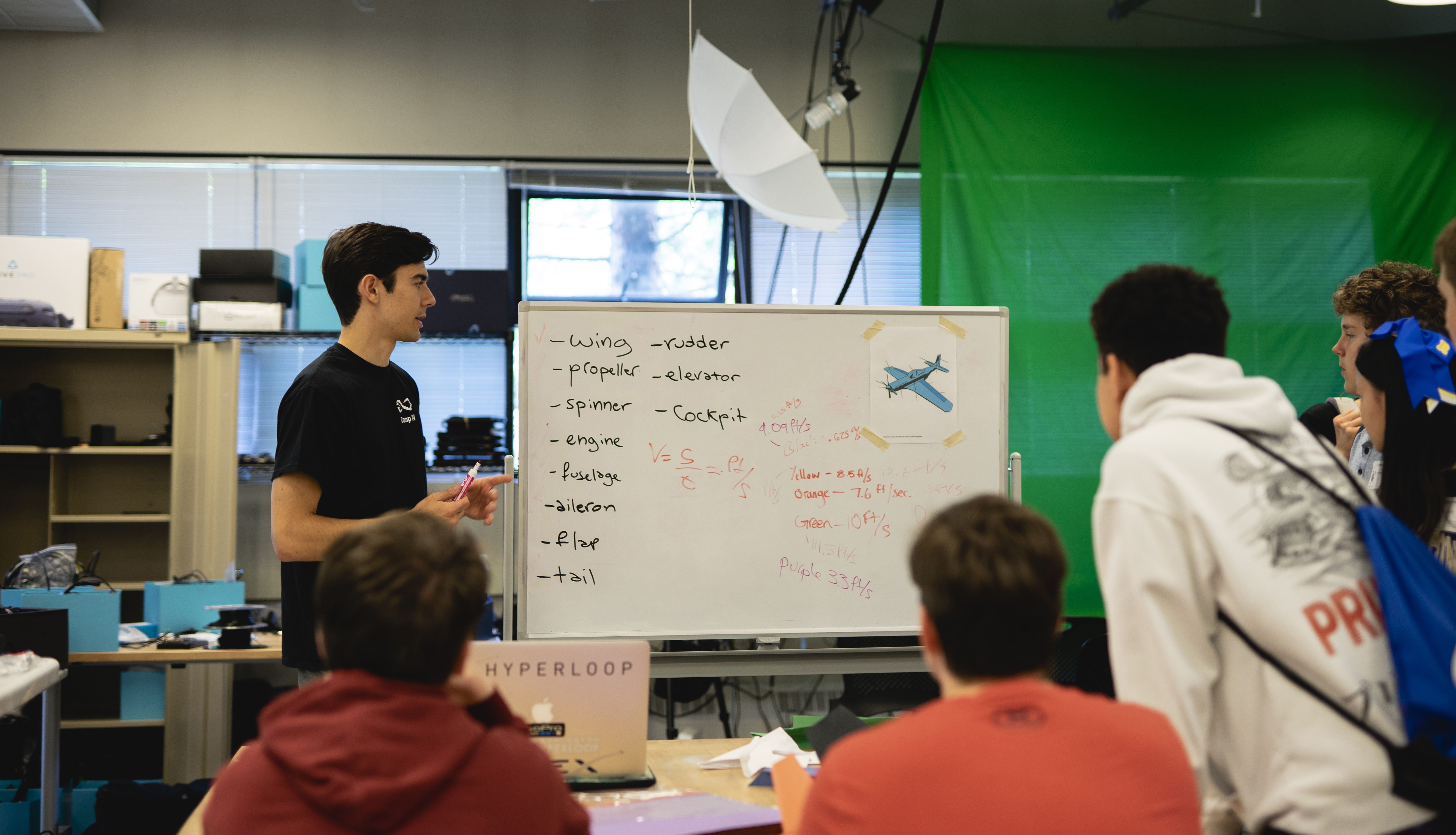 John Buffalo standing next to a white board giving a talk to students