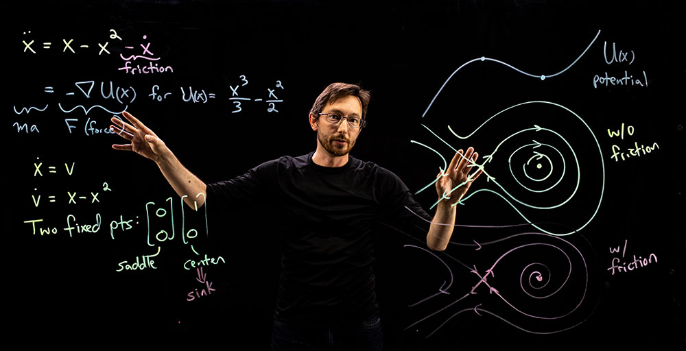 Brunton writing math equations on a lightboard with a marker
