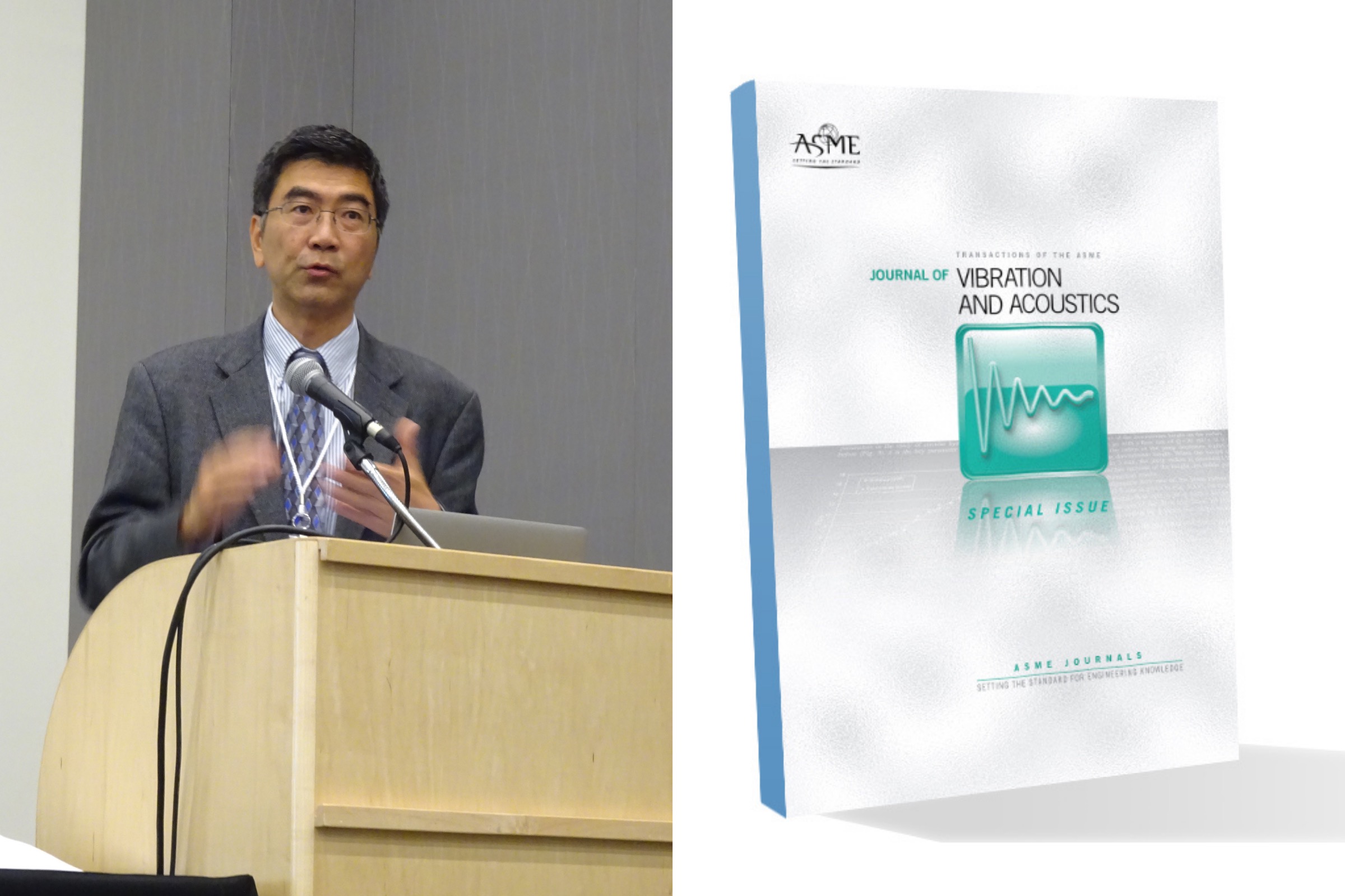 Steve Shen at a podium on left and the cover of the Journal of Vibrations and Acoustics on right