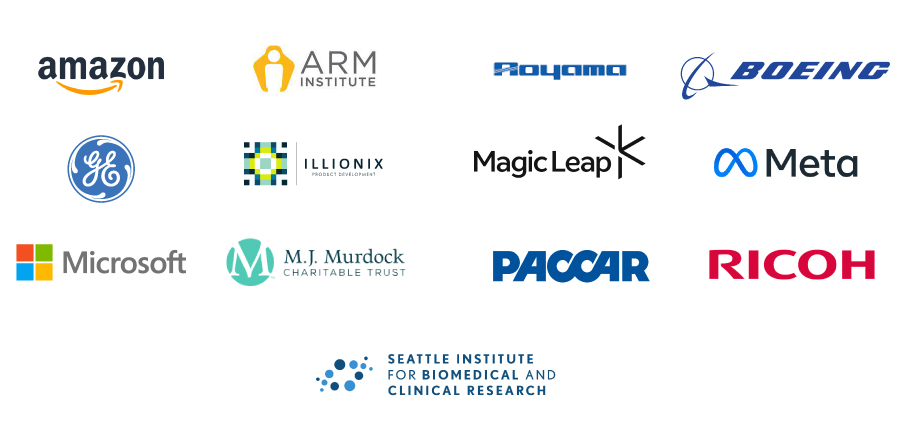 Partner logos for: Amazon, ARM Institute, Aoyama Seisakusho, Boeing, GE, Illionix, Magic Leap, Meta, Microsoft, M.J. Murdock Charitable Trust, PACCAR, Ricoh, Seattle Institute for Biomedical and Clinical Research