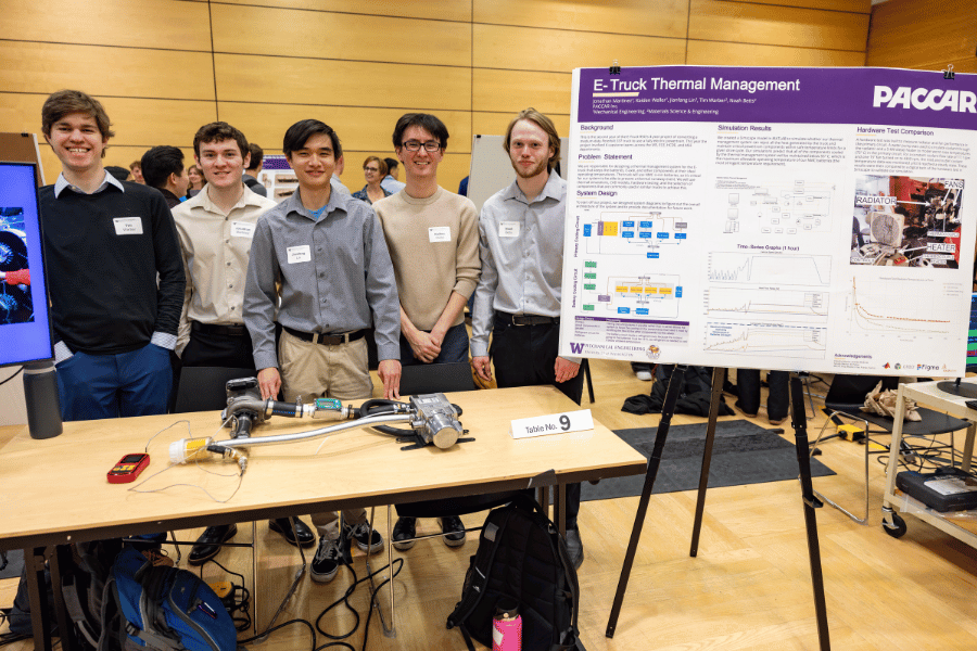 Five students stand by their poster and prototype at the capstone expo.