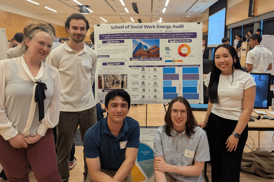 Five students in front of their poster at the capstone expo.