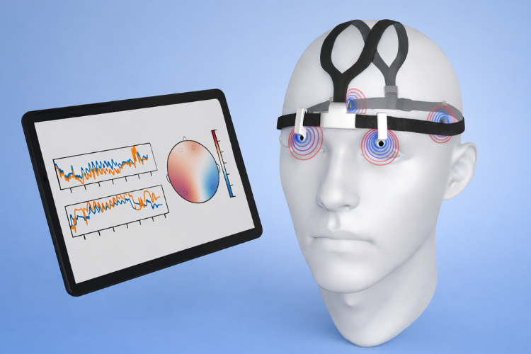 A graphic of a face with a wearable device with circles by the eyes and head that represent where brain pressure is measured, next to a tablet with a graph measuring brain pressure.