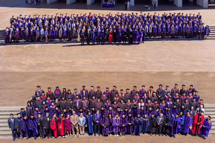 Two aerial shots of faculty and students wearing robes standing in front of a building
