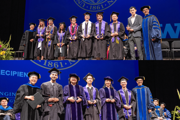 Two photos of ME faculty standing with a group of 2026 graduates holding their student awards onstage.