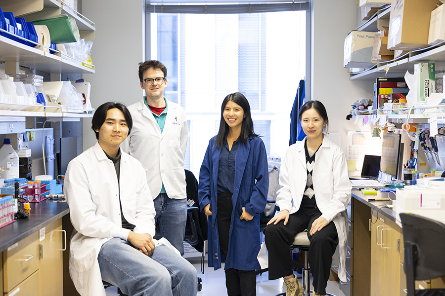Four people in lab coats in a laboratory setting