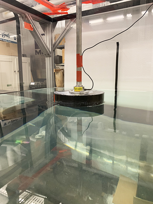 A buoy type of wave energy converter is floating in a water tank.
