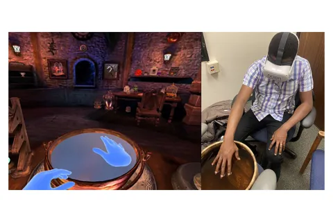 A collage showing a virtual wizard's room on the left, and a person wearing a VR headset interacting with a drum on the right.