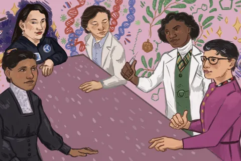 Illustration of five historical women in science gathered around a table with a scientific-themed background.