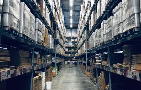 Shelves in a warehouse