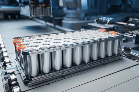 Close-up of lithium-ion high-voltage battery component for electric vehicle or hybrid car