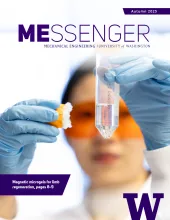 Newsletter cover showing a person with blue gloves holding an object and a tube; titled "MESSENGER"