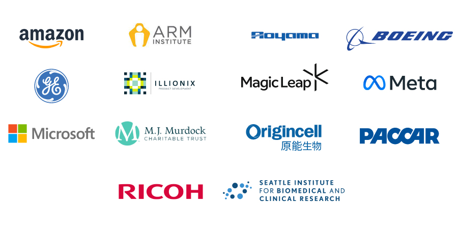 Collage of company logos. 
From left to right: Amazon, Advance Robotics for Manufacturing Institute, Aoyama Seisakusho, Boeing, GE, Illionix Product Development, Magic Leap, Meta, Microsoft, M.J. Murdock Charitable Trust, Origincell, PACCAR, RICOH, Seattle Institute for Biomedical and Clinical Research.