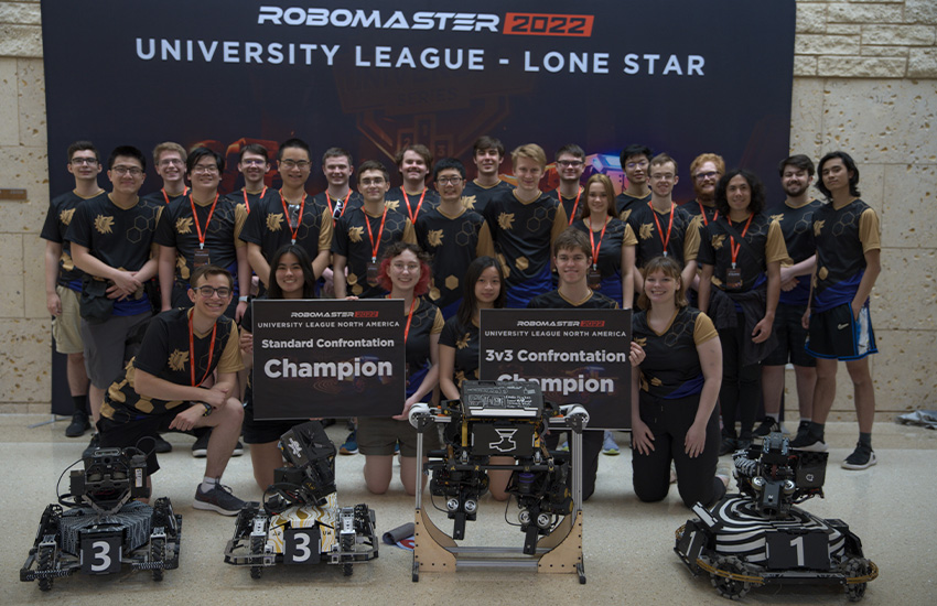 The Advanced Robotics at the University of Washington team with their robots at the RoboMaster North America competition.