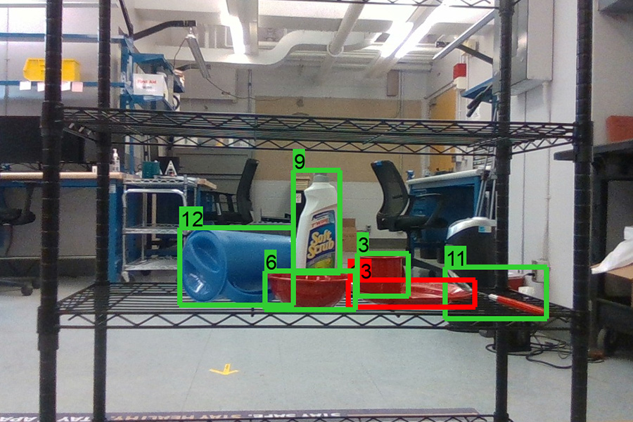 Green or red rectangles are shown around a pitcher, bowl, plate, cleaning solution, mug and a spoon that indicate whether the robot recognized the objects.