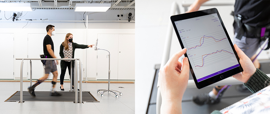 Collage of two images. Left: Man walking on a treadmill wearing a robotic exoskeleton device around his hips and legs while a female researcher monitors the process through a tablet. Right: A closeup of the researcher's hands holding the tablet showing the real-time information.