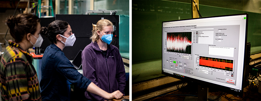 Collage: Left photo: Three female researchers in a lab looking at a computer. Right photo: Photo of a computer displaying research data
