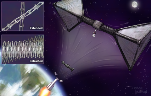 Concept drawing where origami-like structure expands from inside the top of a rocket out to a dumbell-shaped space station