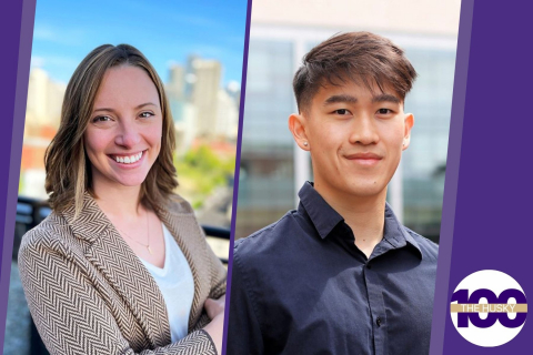 Headshot style photos of Beth Halsne - sandy brown hair in a blazer and v-neck shirt - and Anthony Tang - short dark hair and button-up dark shirt