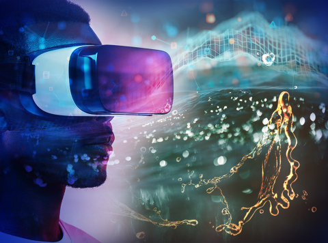 Artistic rendering of a person wearing a VR headset, shown from the neck up, with swirls of color and things around him