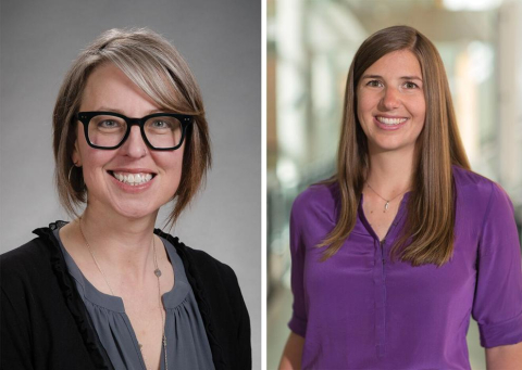 Two side-by-side professional photos. On the left a smiling woman with neck-length sand hair and black-rimmed glasses. On the right a smiling woman with long brown hair and a purple blouse.