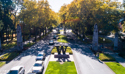 W sculpture surrounded by cars driving through campus