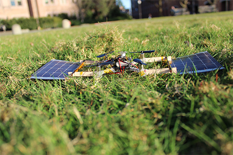 Close up of a solar-powered drone on the grass