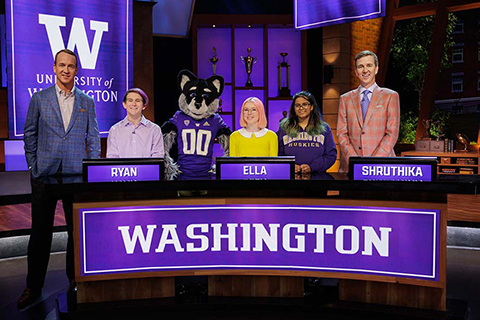 Three UW students and Jeopardy's co-hosts