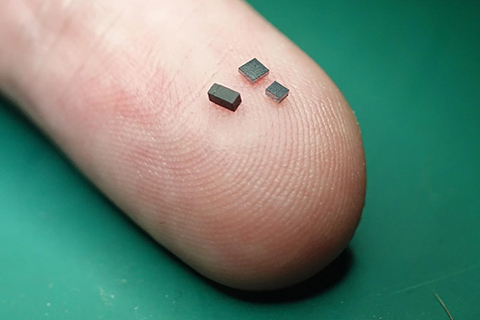 Three tiny black electronic components on a fingertip