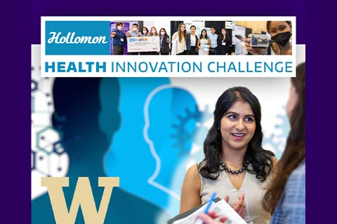 Two women talking to each other plus collage of student finalist teams selected for the 2023 Hollomon Health Innovation Challenge