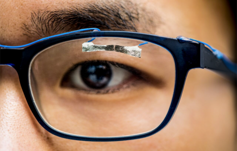 University of Washington graduate student, Jinyuan Zhang, demonstrates how wearable sensors can track eye movement.Dennis R. Wise/University of Washington