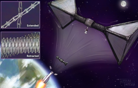 drawing showing a structure emerge from the top of a rocket and expand like origami into a dumbbell-shaped space station