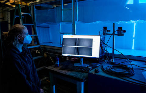 Female researcher at a water tank lab, looking at data on a computer