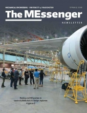 Cover of MEssenger newsletter with photo of ME students in a Boeing plant